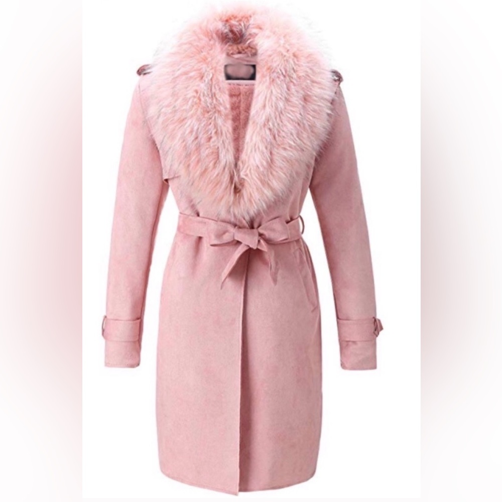 Suede Trench w Faux Fur Collar